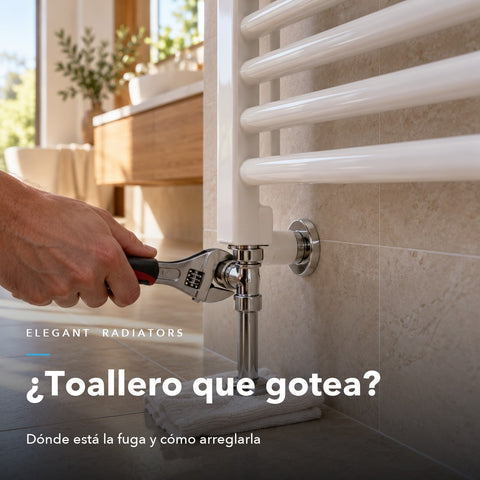 Mano apretando con una llave ajustable la tuerca de la válvula de un toallero blanco que gotea