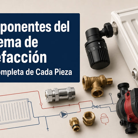 Componentes de un sistema de calefaccion central: valvula termostatica, bomba circuladora, racores de laton y radiador de panel