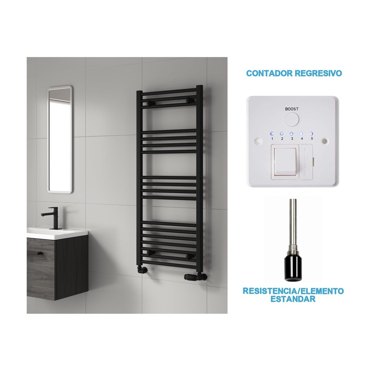 Scaldasalviette Elettrico Nero 500mm di Larghezza · Precaricato