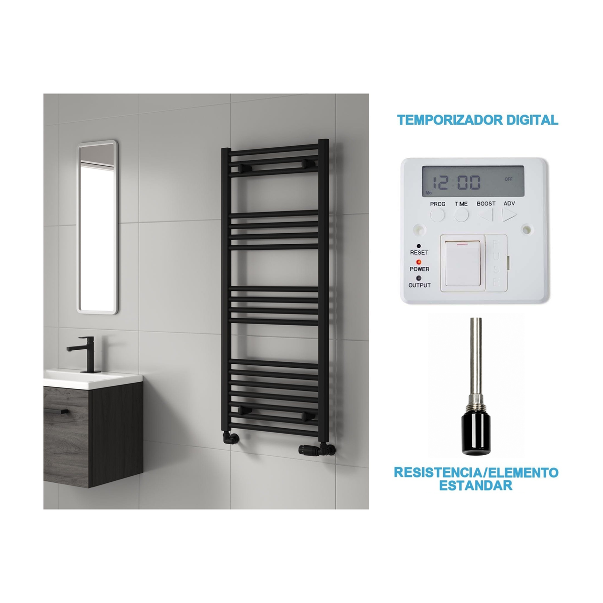 Scaldasalviette Elettrico Nero 500mm di Larghezza · Precaricato