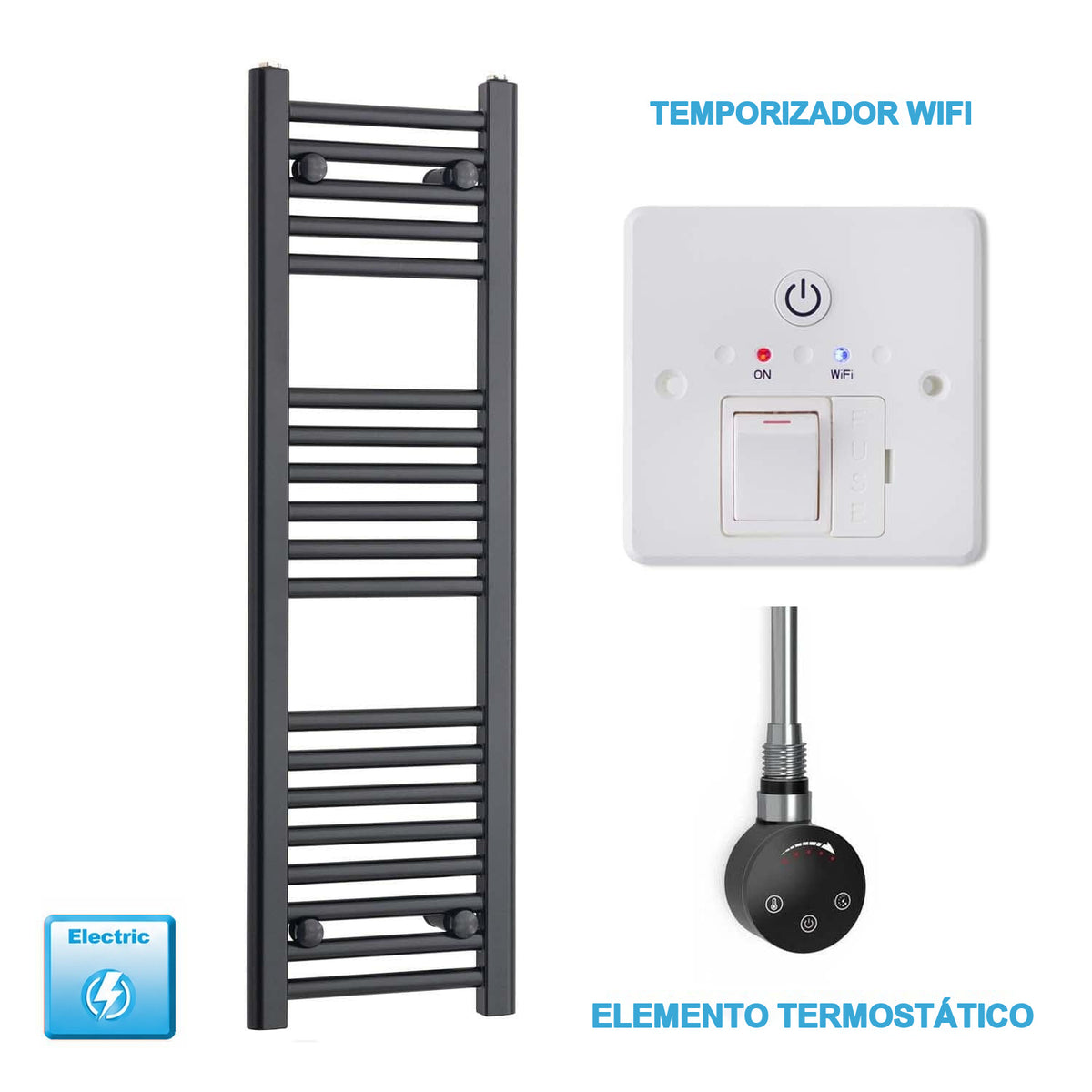 Scaldasalviette Elettrico Nero 300mm di Larghezza · Precaricato