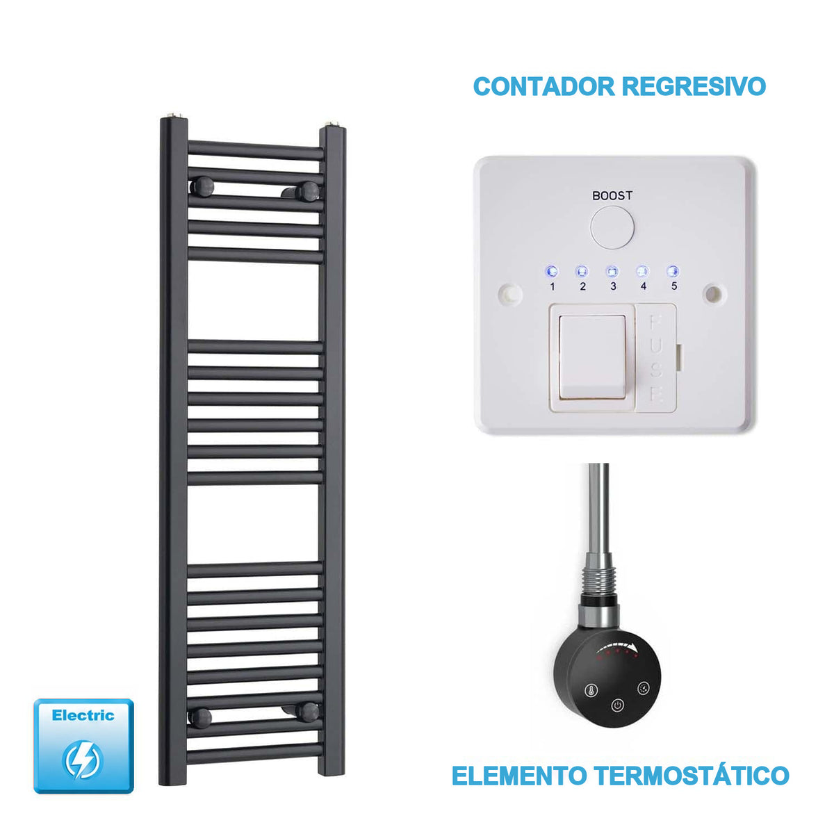 Scaldasalviette Elettrico Nero 300mm di Larghezza · Precaricato